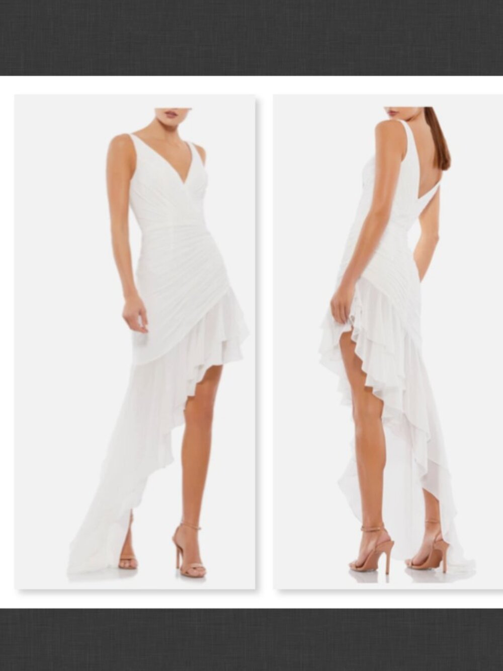 NEW Mac Duggal White Asymmetrical Ruffled V-Neck Chiffon Dress Size 0